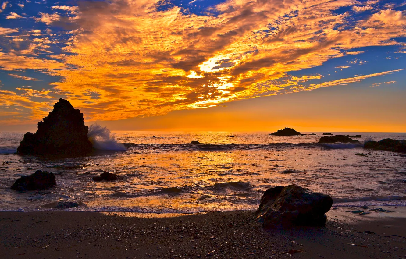Photo wallpaper sea, the sky, clouds, sunset, rock, stones