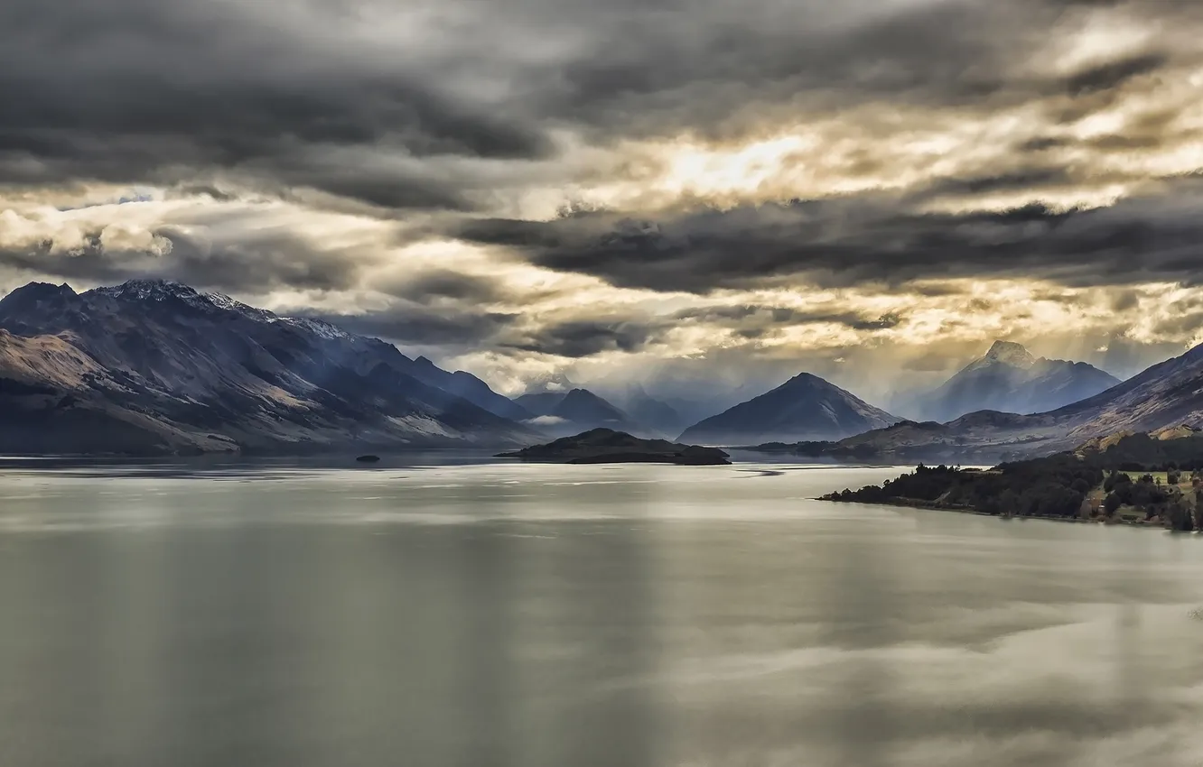 Photo wallpaper mountains, clouds, lake, New Zealand, Glenorchy