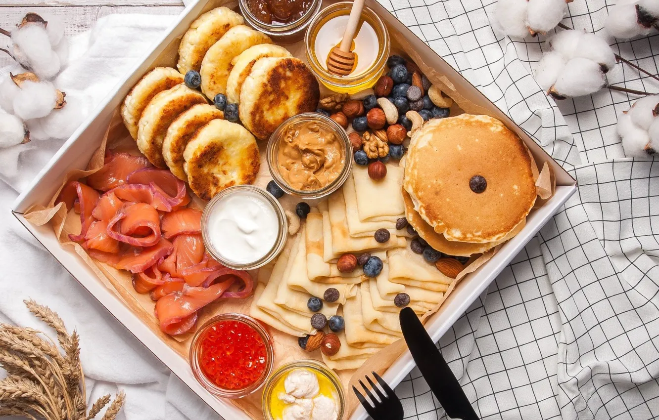 Photo wallpaper berries, honey, nuts, pancakes, sauce, caviar, set, salmon