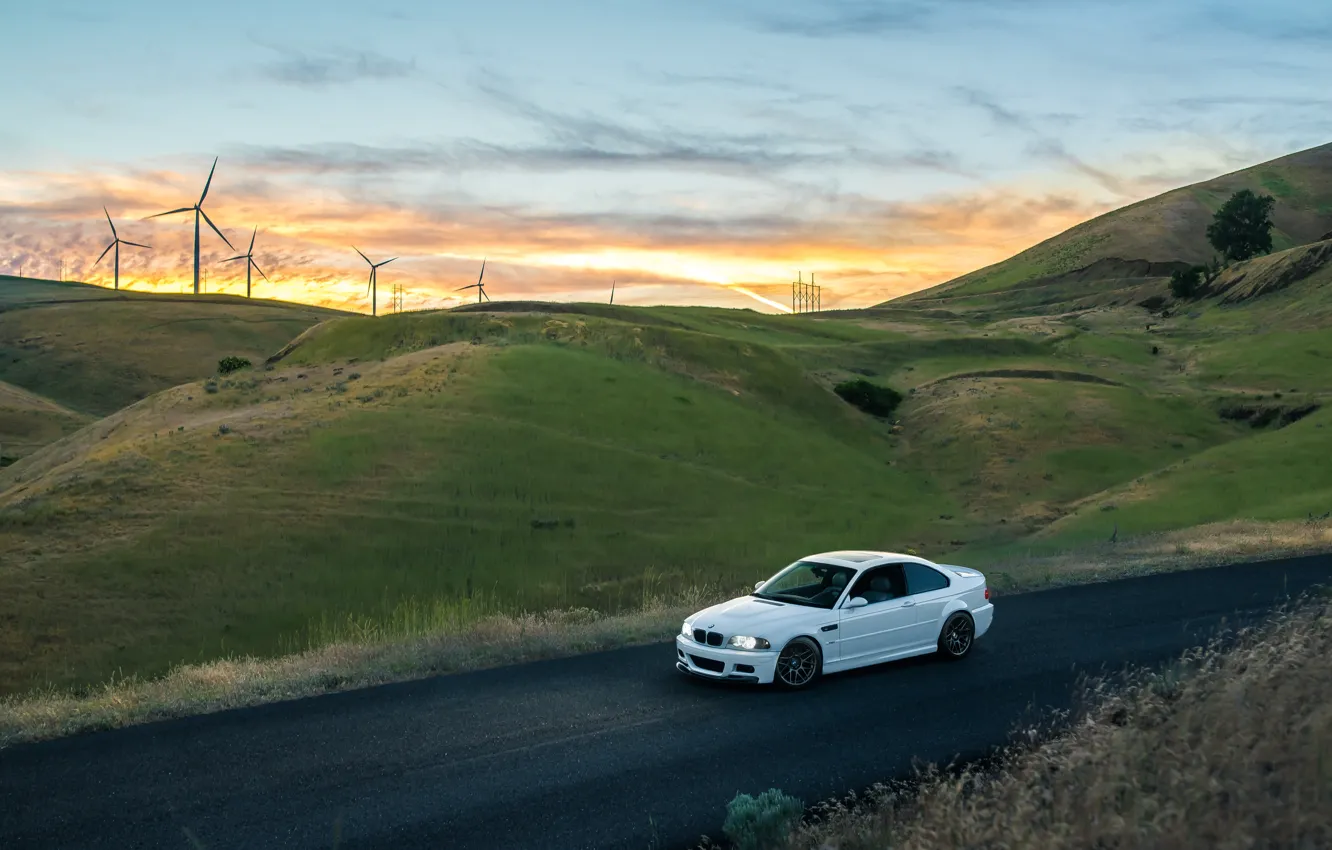 Photo wallpaper BMW, Green, Coupe, Sunset, White, E46