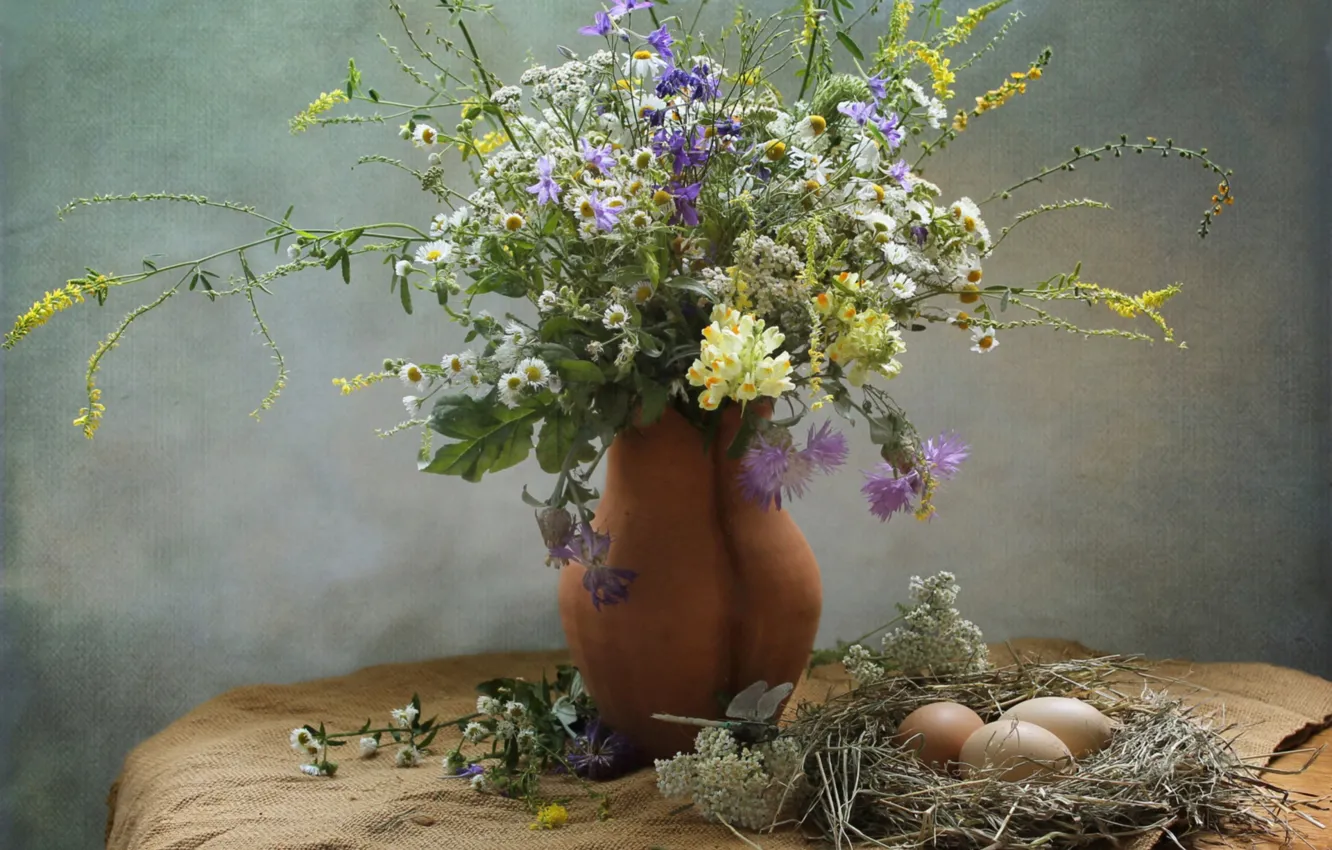 Photo wallpaper summer, eggs, bouquet, socket, pitcher