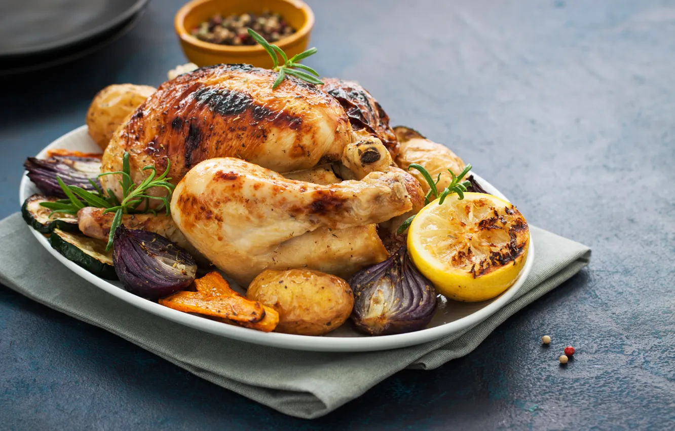 Photo wallpaper chicken, bow, potatoes, baked, onion, chicken, baked, potatoes