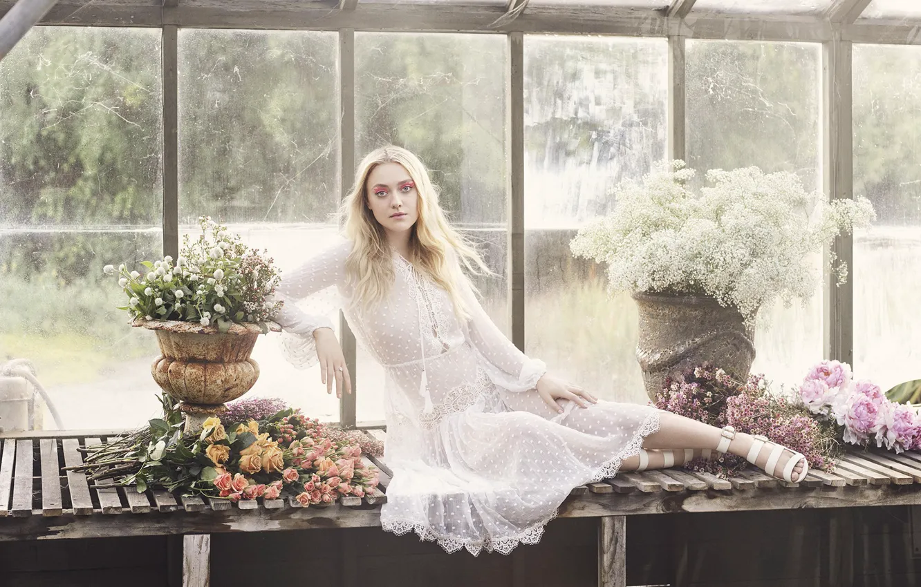 Photo wallpaper girl, flowers, pose, dress, Dakota Fanning