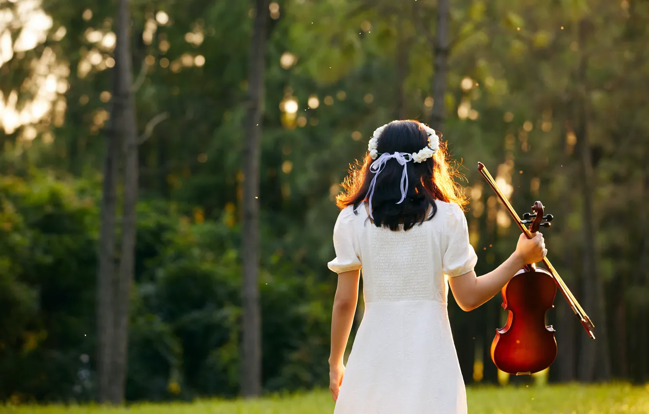 Photo wallpaper trees, violin, day, back, a wreath on the head, a girl in a white dress
