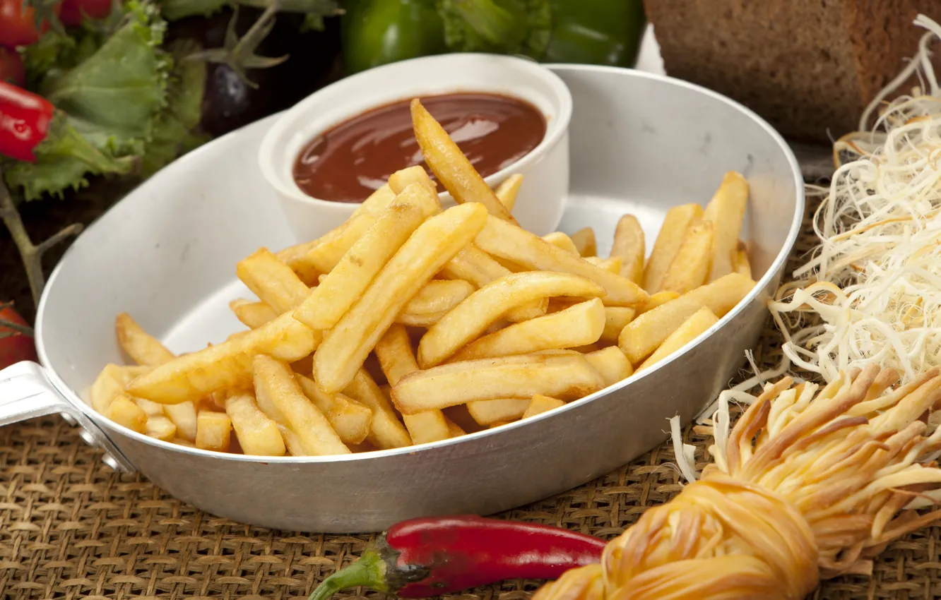 Photo wallpaper ketchup, cheese, sauce, French fries