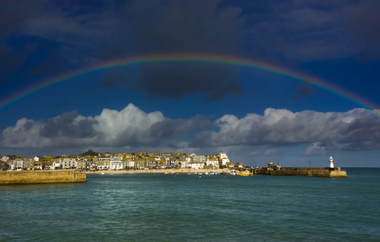 Photo wallpaper Cornwall, the city, England, lighthouse, rainbow, sea