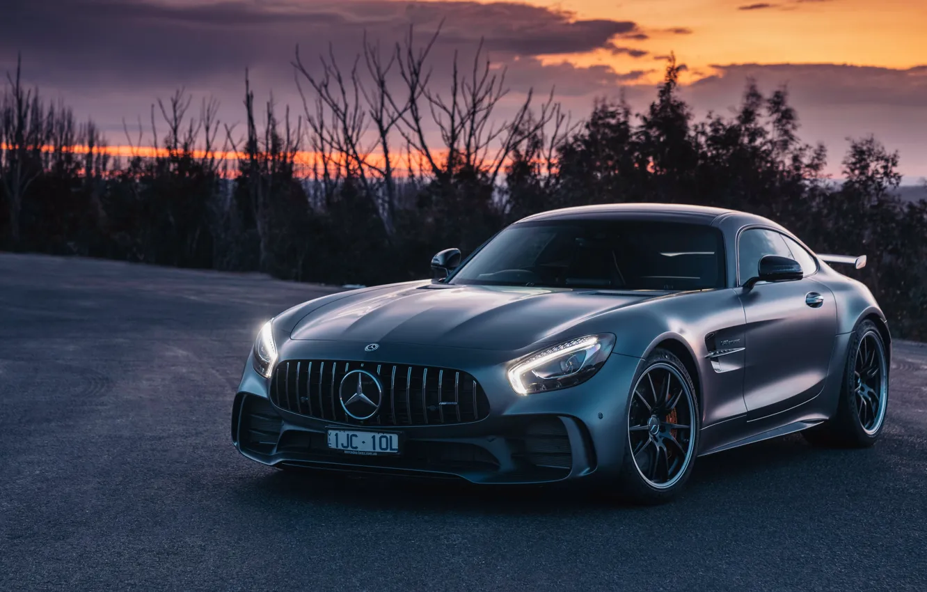 Photo wallpaper sunset, Mercedes-Benz, the evening, supercar, AMG, 2018, GT R