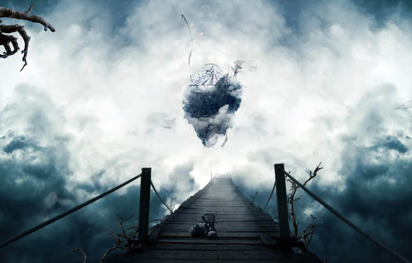 Photo wallpaper the sky, clouds, bridge, text, owl, island, shoes, the airship