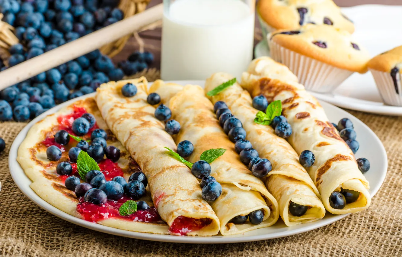 Photo wallpaper berries, milk, blueberries, jam, cupcakes, milk, pancakes, baking