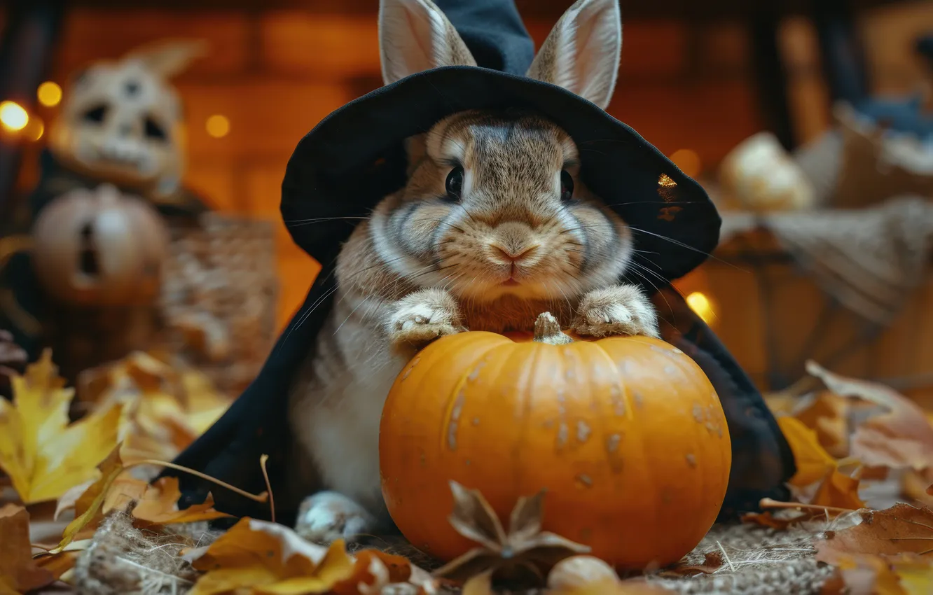 Photo wallpaper Halloween, neural network, look, holiday, AI art, rabbit, autumn, the scenery