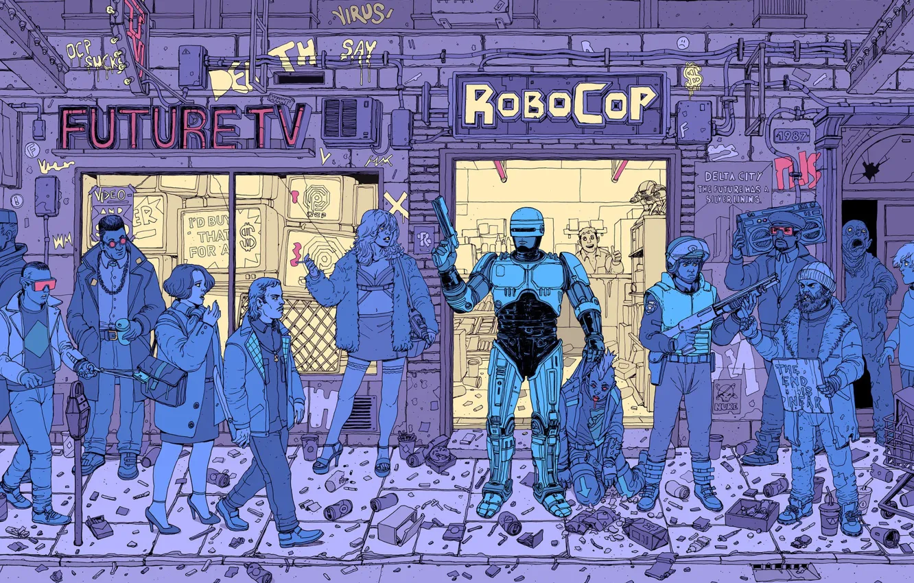 Photo wallpaper Robot, Gun, Robots, Street, Police, People, Girl, Fantasy