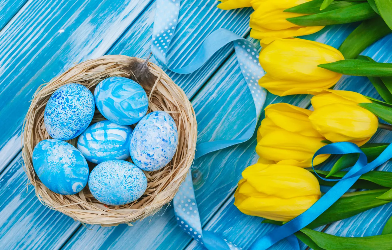 Photo wallpaper flowers, eggs, bouquet, yellow, colorful, Easter, tulips, happy