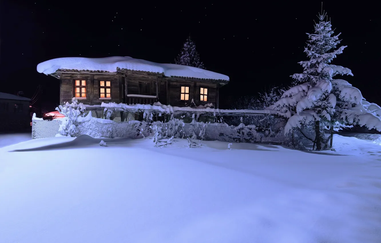 Photo wallpaper winter, the sky, stars, snow, trees, night, home, spruce