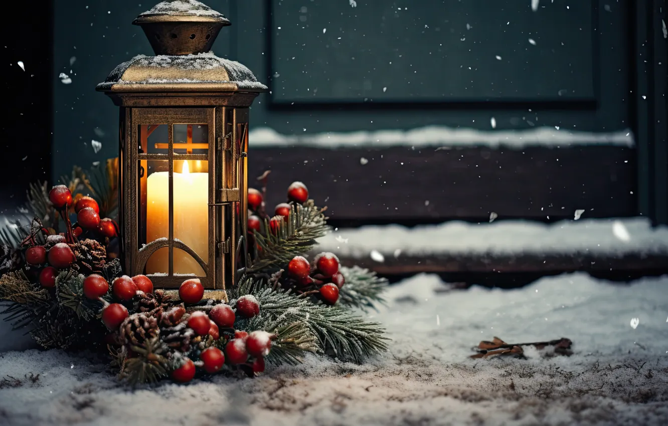 Photo wallpaper winter, snow, decoration, night, new year, Christmas, lights, light
