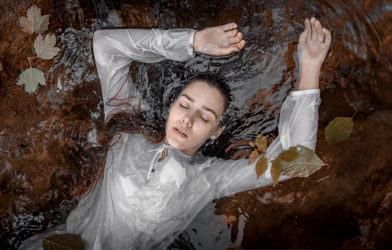 Photo wallpaper leaves, water, girl, pose, the situation, hands, blouse, closed eyes