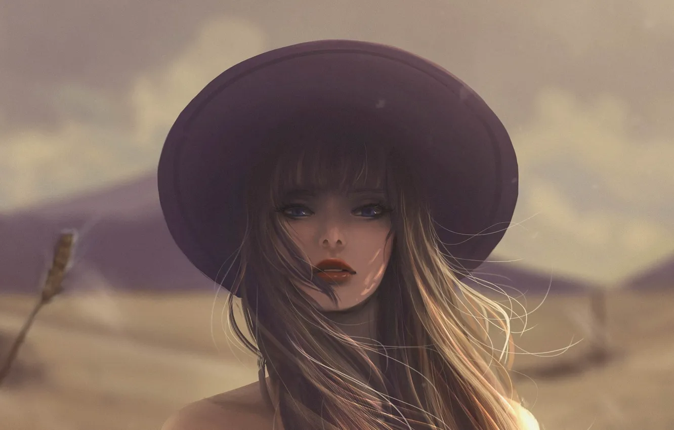 Photo wallpaper girl, face, hat, long hair, art, blurred background, Jennyshiii