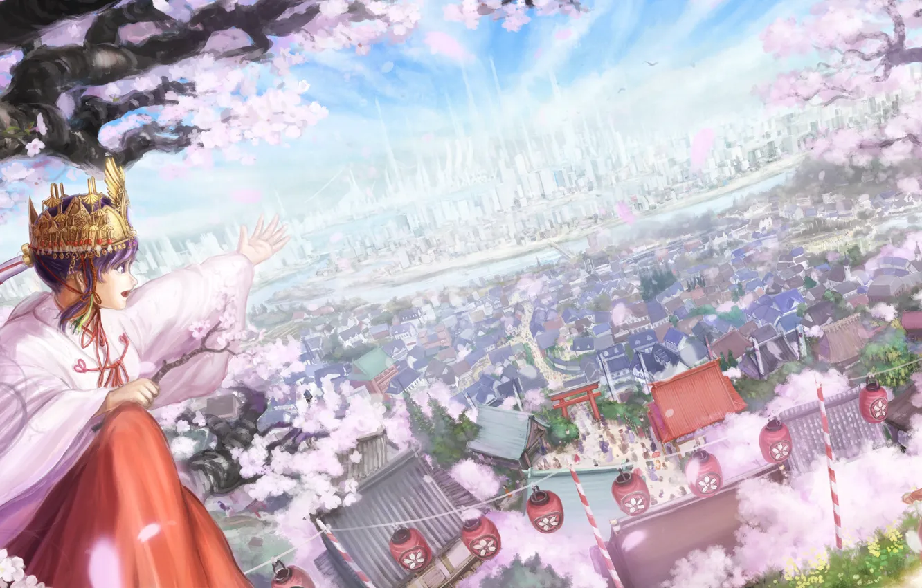 Photo wallpaper the sky, girl, clouds, landscape, flowers, the city, home, anime