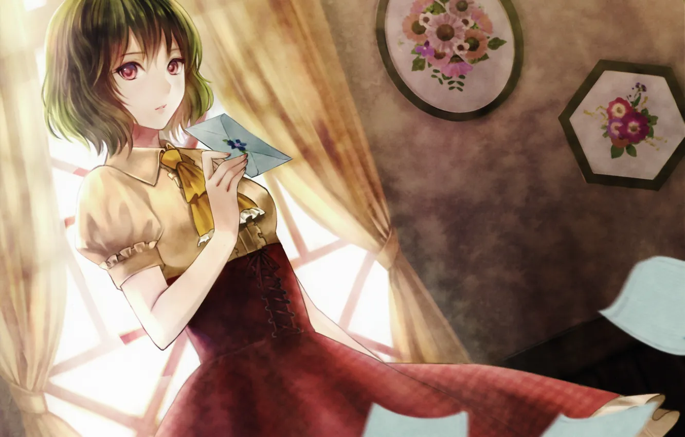 Photo wallpaper letter, room, window, pictures, curtains, bow, green hair, touhou
