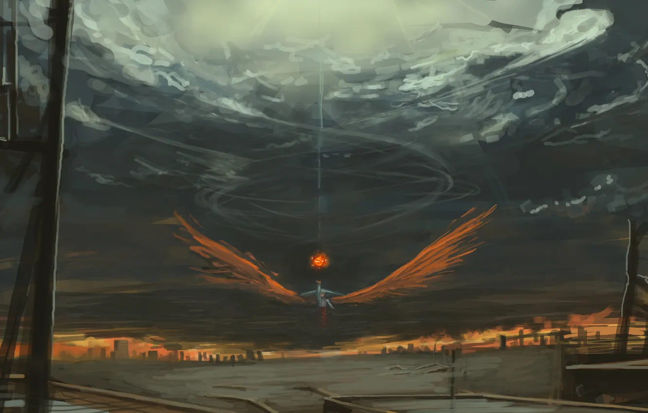 Photo wallpaper the sky, girl, clouds, flight, lights, magic, wings, art