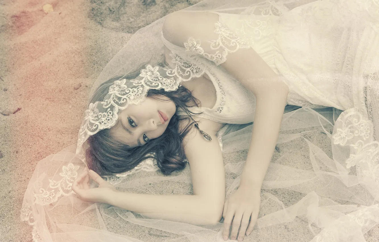 Photo wallpaper sand, Girl, dress, Asian