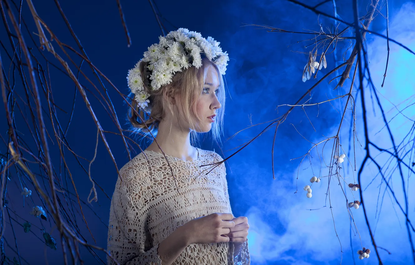 Photo wallpaper girl, flowers, branches, smoke, blonde, profile, wreath