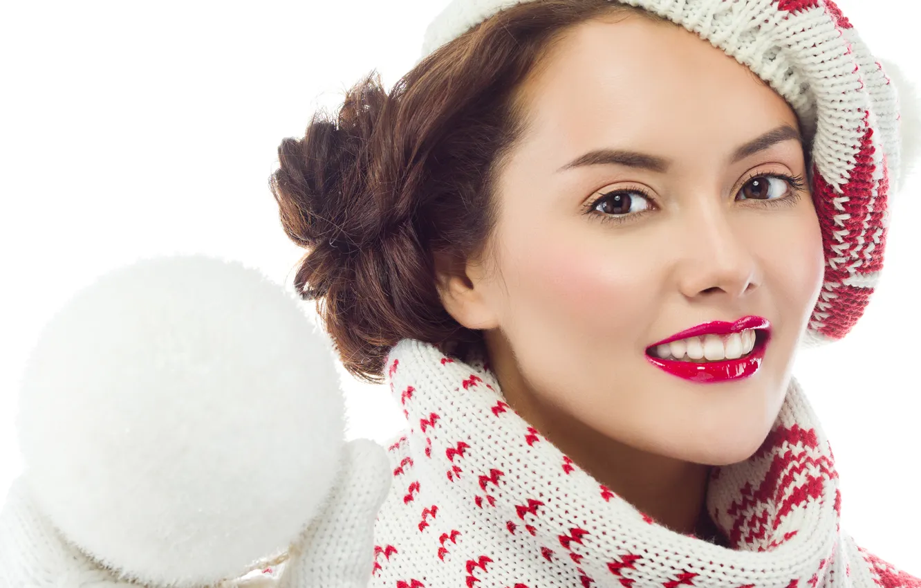 Photo wallpaper look, girl, smile, makeup, scarf, brown hair, cap, brown-eyed
