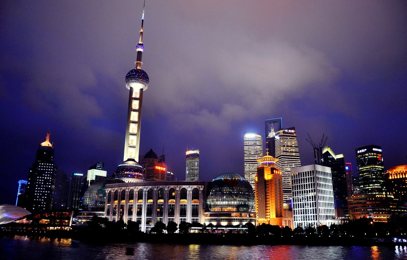 Photo wallpaper water, night, lights, reflection, Shanghai, proud