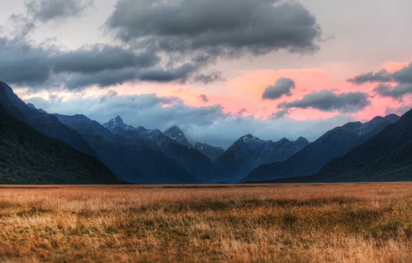 Photo wallpaper field, the sky, clouds, mountains, valley, new Zealand