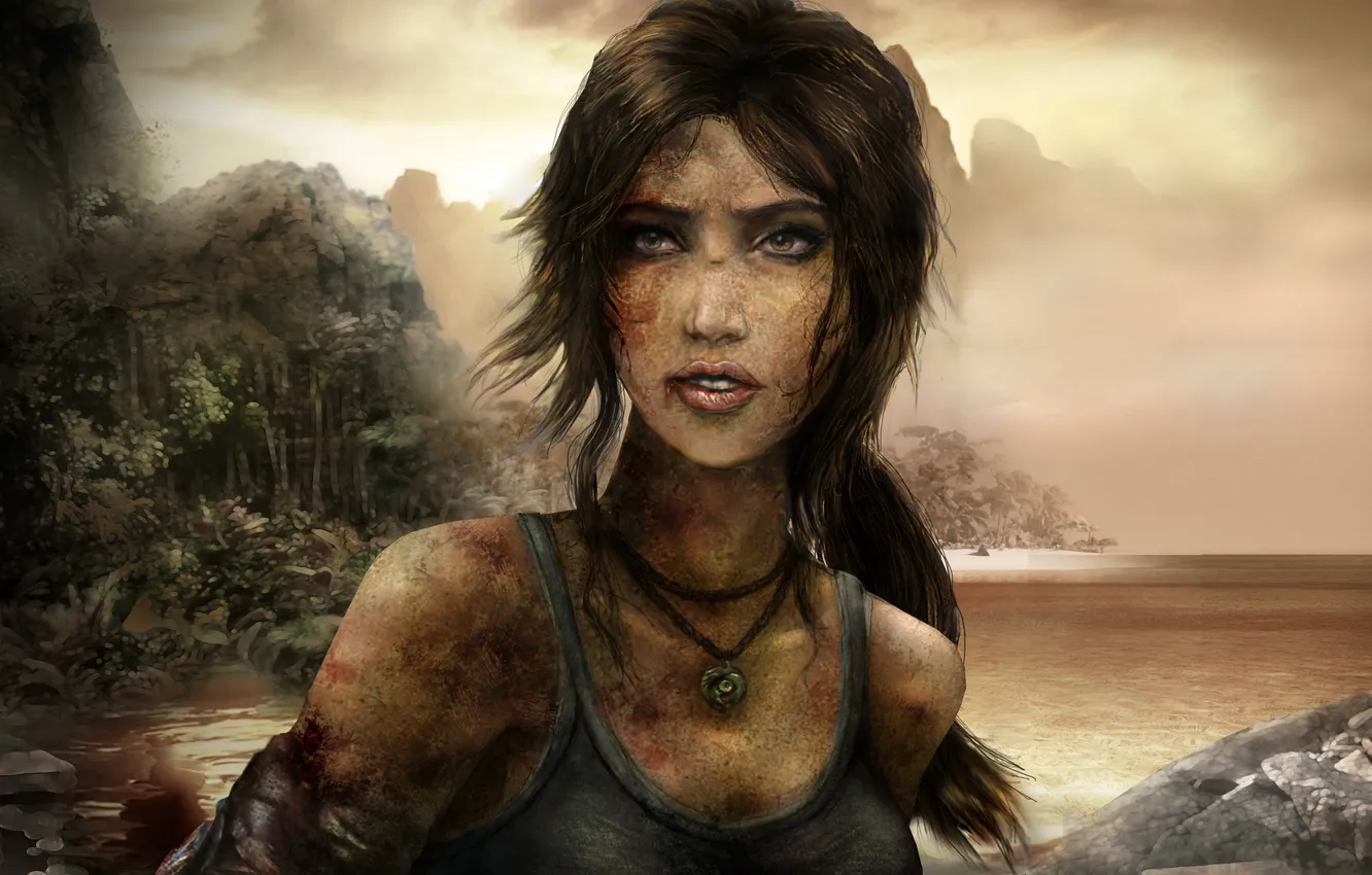 Photo wallpaper the sky, look, girl, trees, face, blood, island, Mike