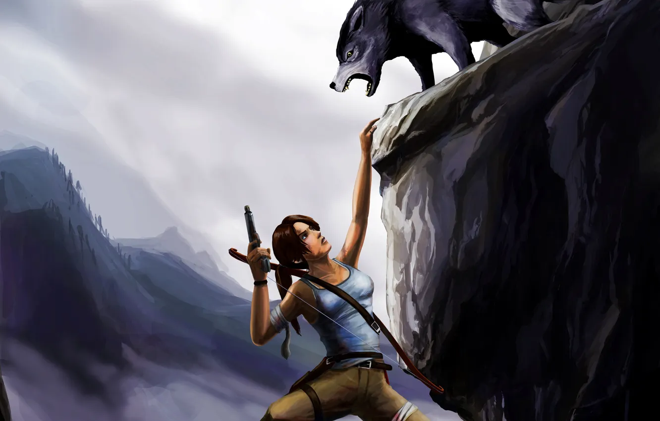 Photo wallpaper girl, rock, wolf, predator, bow, art, hanging, Tomb raider