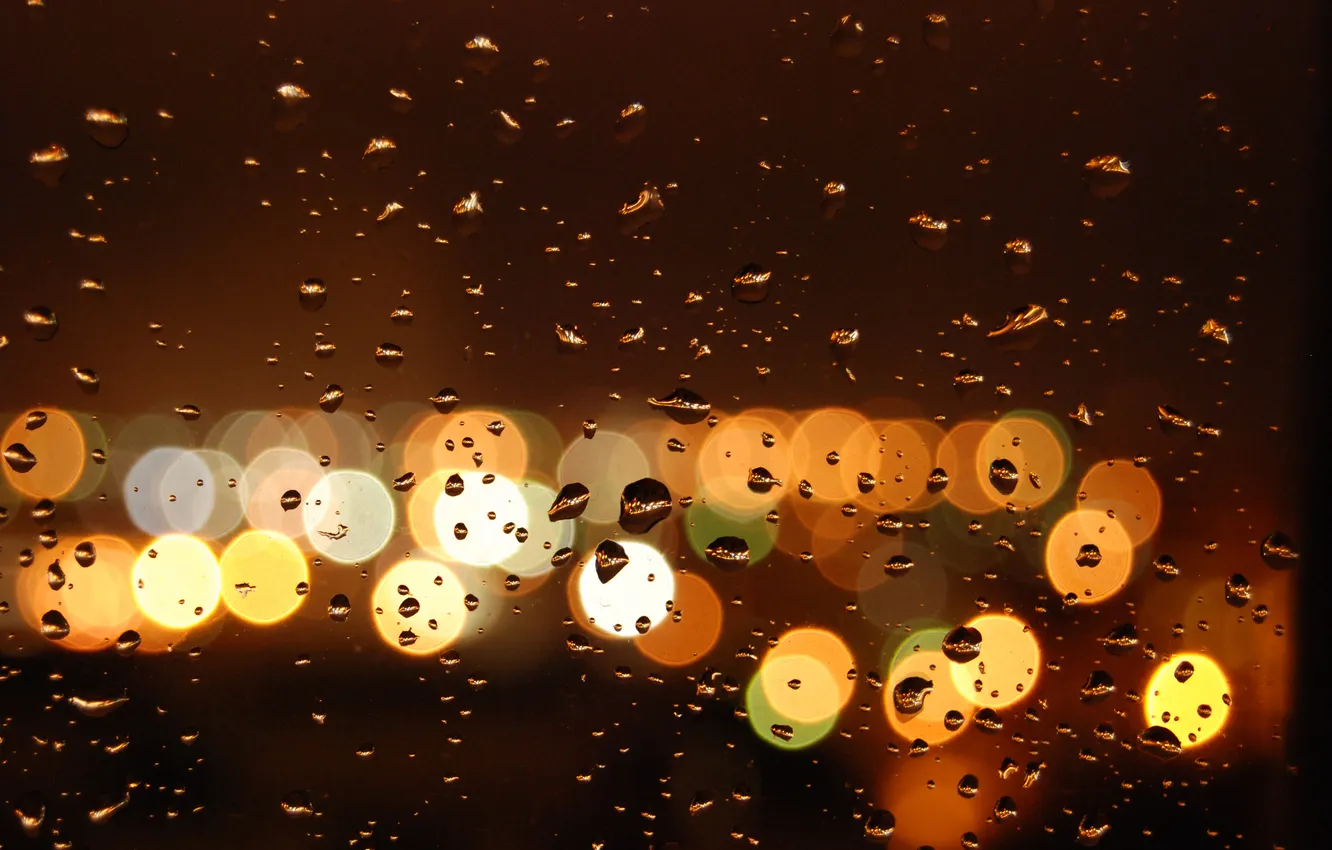 Photo wallpaper glass, drops, the city, lights, rain, the evening, bokeh
