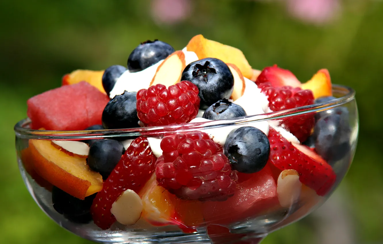 Photo wallpaper berries, raspberry, blueberries, strawberry, fruit, peaches, salad
