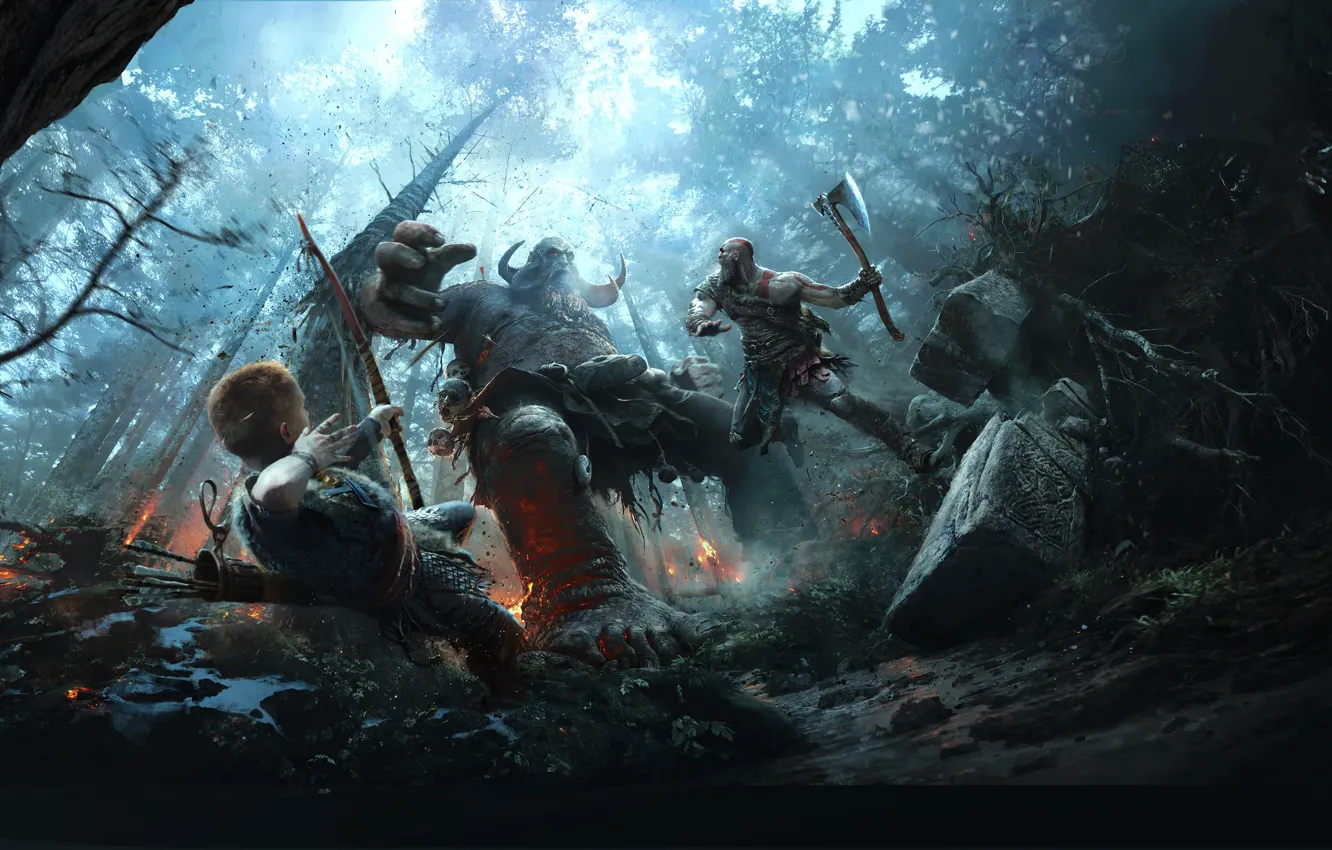 Photo wallpaper Forest, The battle, Axe, Warriors, Kratos, God of War, Game