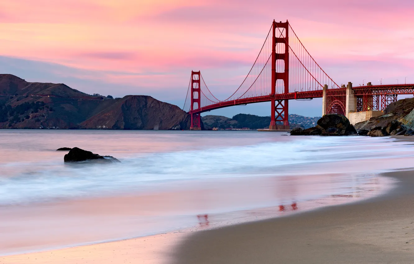 Photo wallpaper sea, sunset, bridge, Strait, the evening, San Francisco, Golden Gate, Golden Gate Bridge