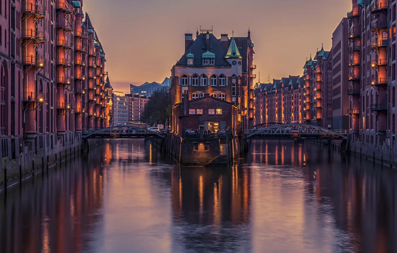 Photo wallpaper water, bridge, the city, lights, reflection, building, home, the evening