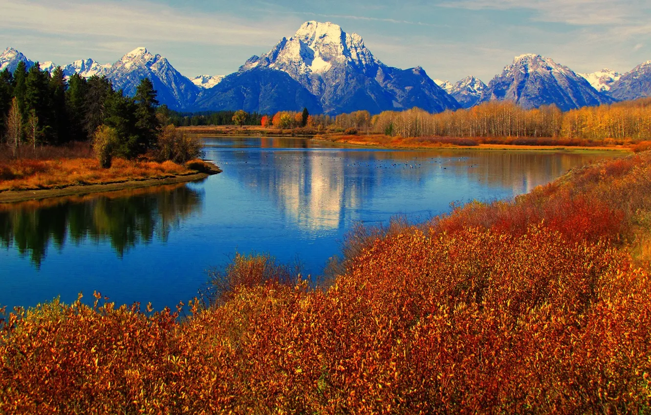 Wallpaper autumn, the sky, trees, mountains, lake, reflection, river ...