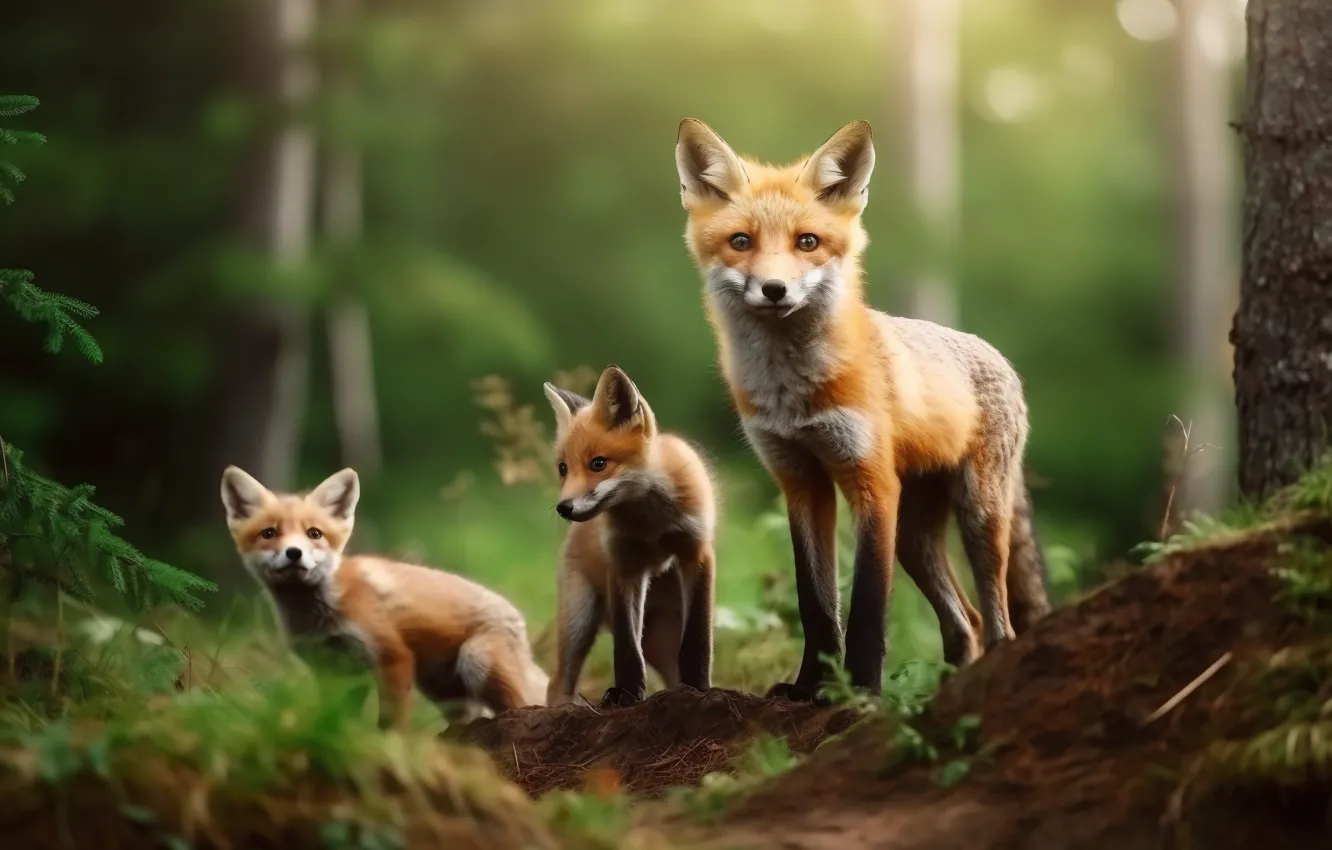 Photo wallpaper forest, nature, Fox, Fox, cub, mom, Fox, digital art