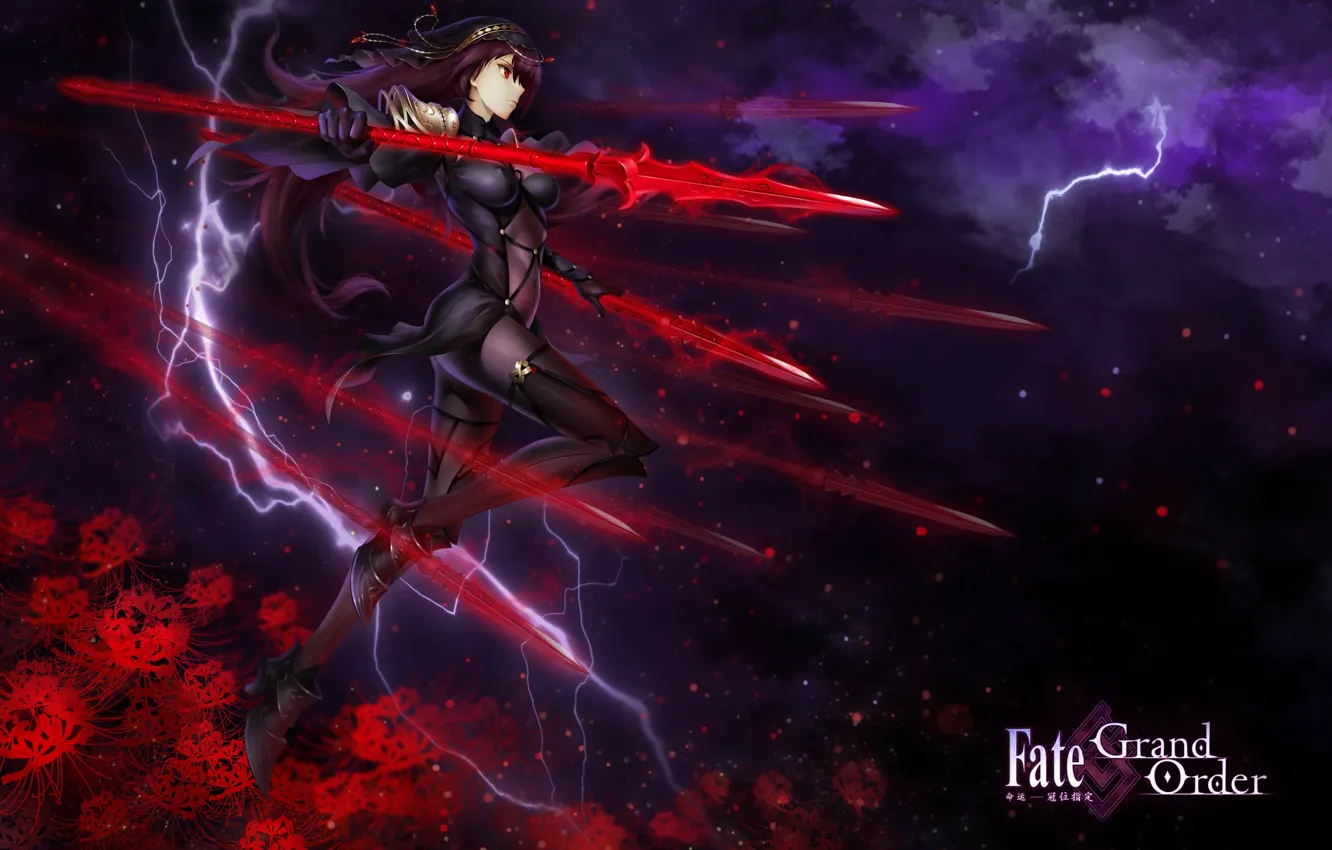 Photo wallpaper the sky, girl, stars, clouds, flowers, weapons, lightning, anime