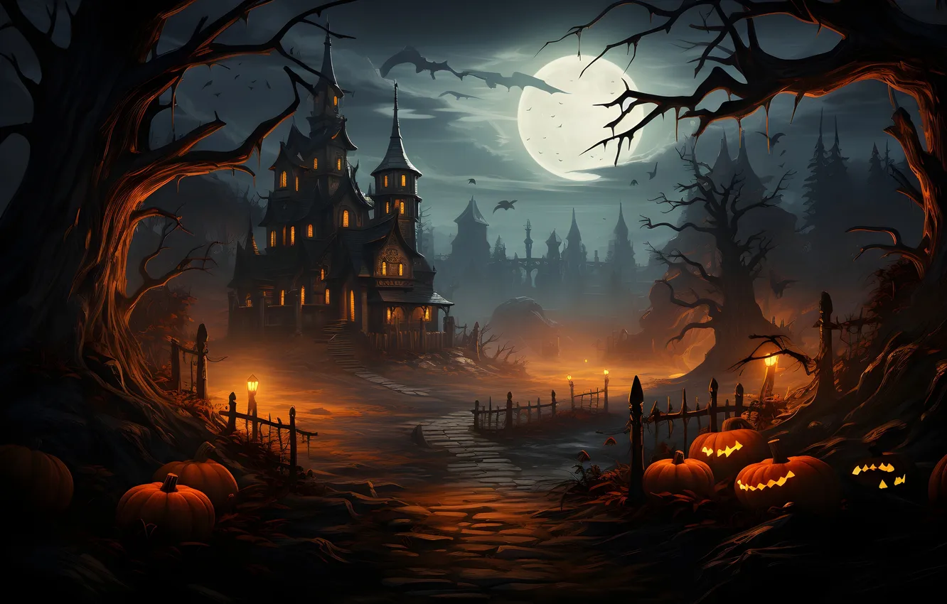 Photo wallpaper road, trees, night, clouds, lights, the moon, home, lights