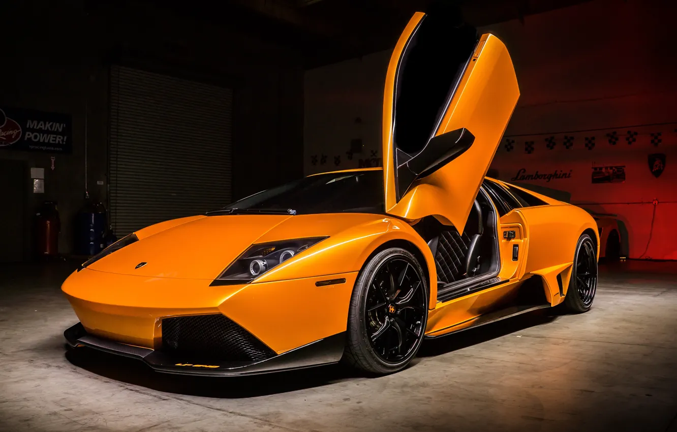Photo wallpaper Lamborghini, Orange, Supercar, Garage, Murciélago