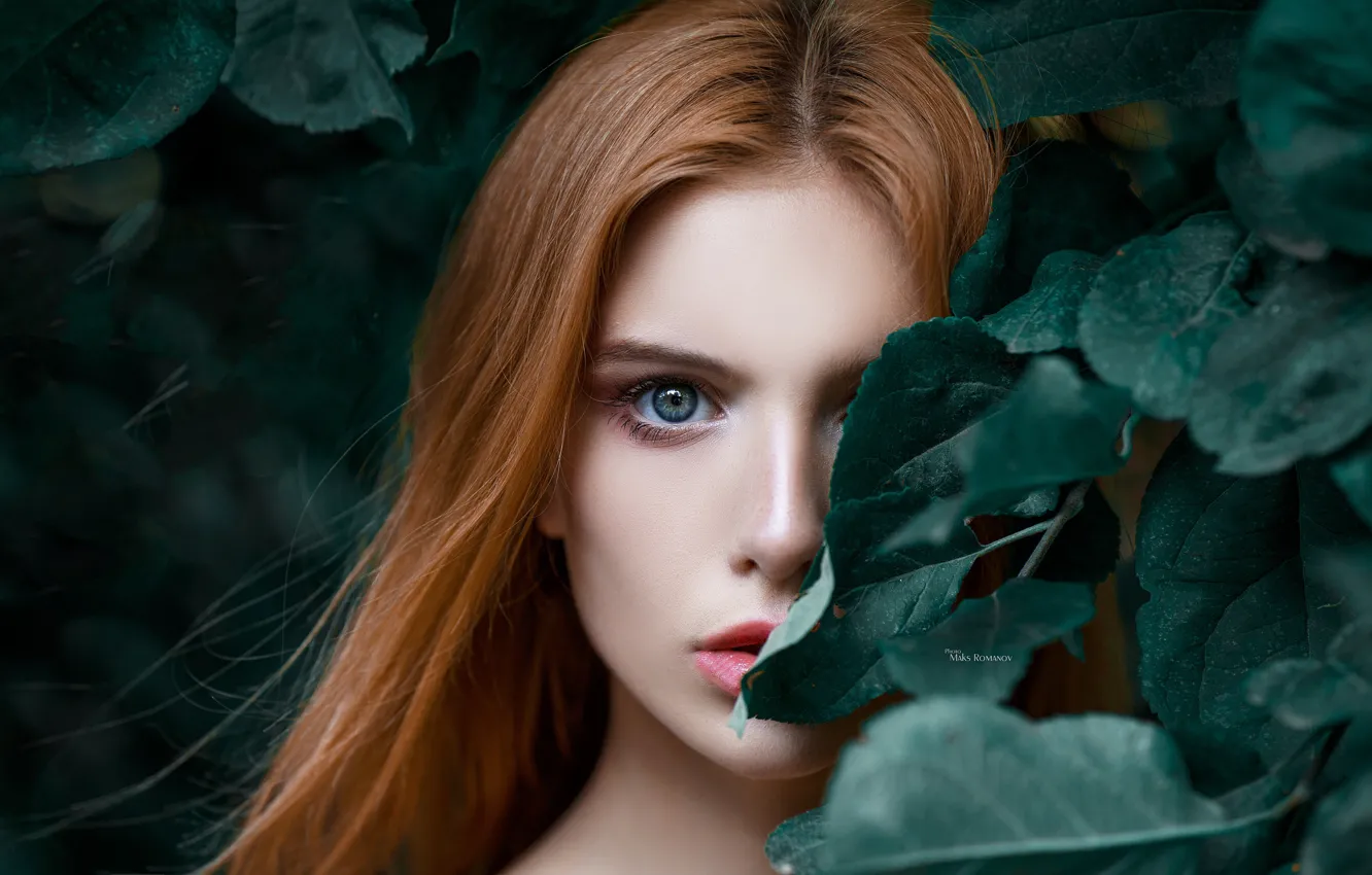 Photo wallpaper eyes, look, leaves, girl, face, hair, portrait, Maxim Romanov