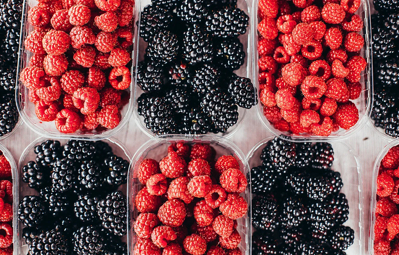 Photo wallpaper berries, raspberry, a lot, BlackBerry, containers