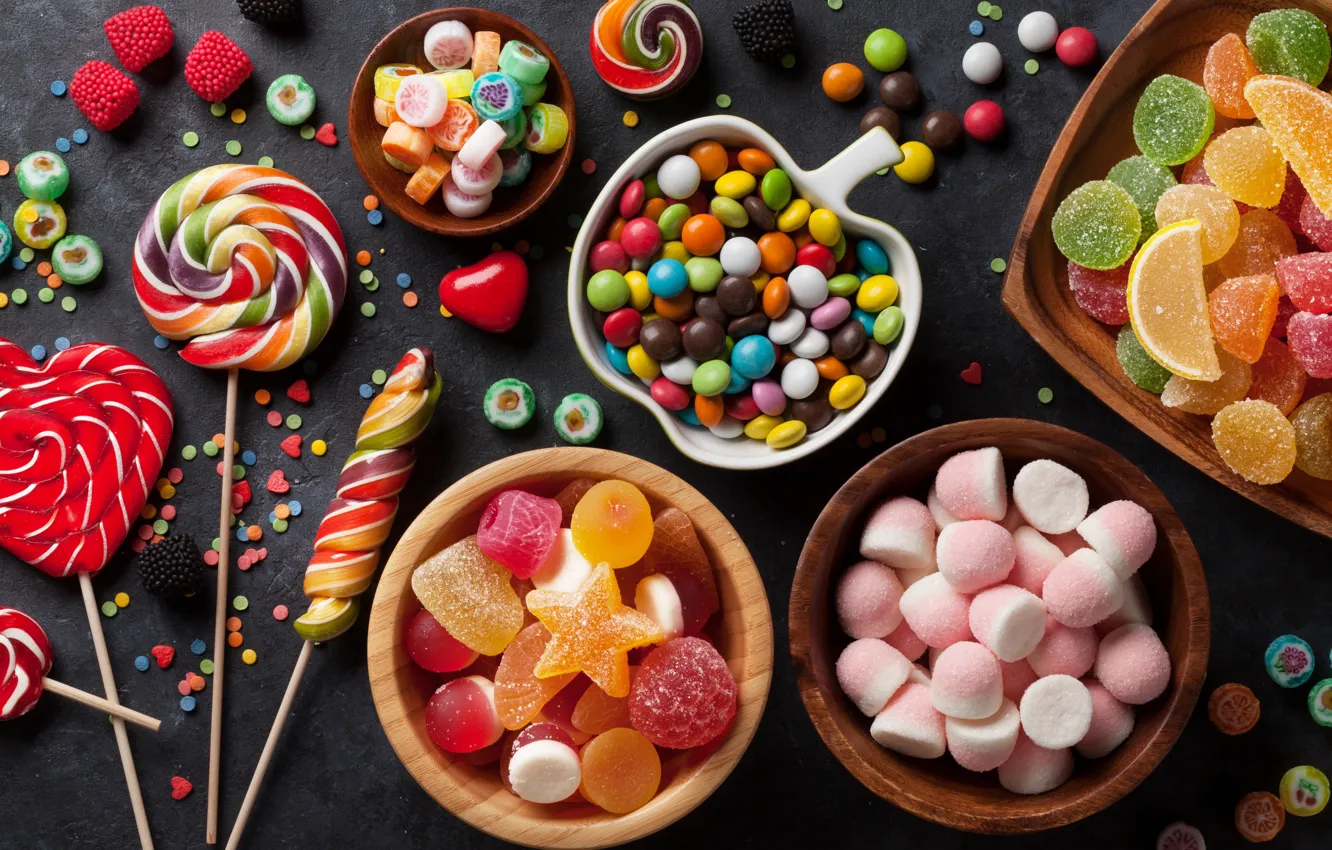 Photo wallpaper lollipops, confetti, marmalade, marshmallows