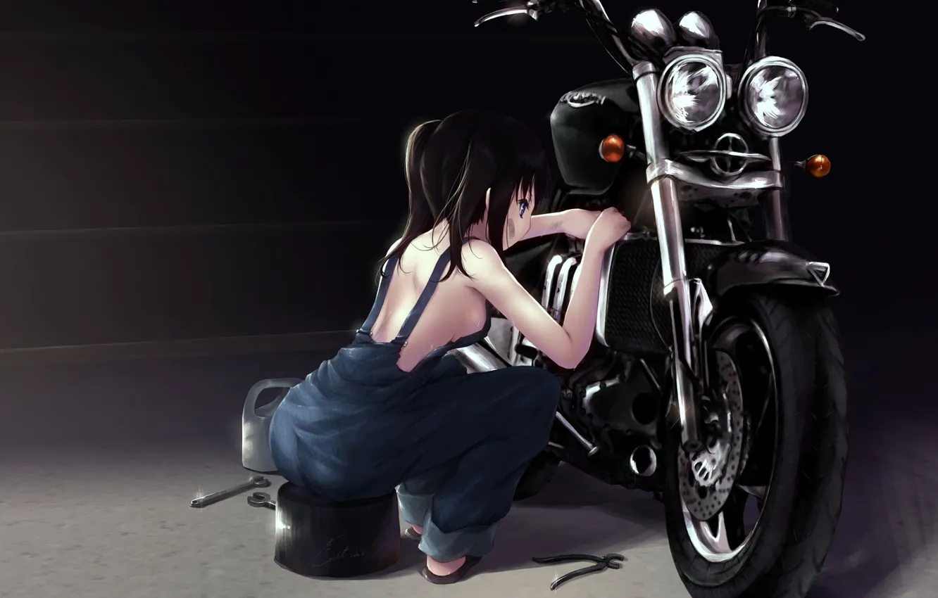 Photo wallpaper motorcycle, repair, black hair, repairs