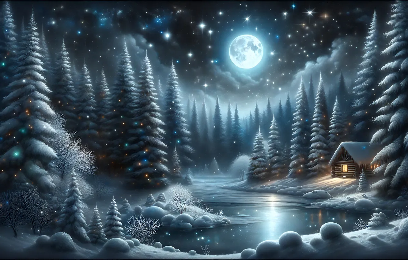 Photo wallpaper winter, stars, snow, night, river, the moon, home, ate