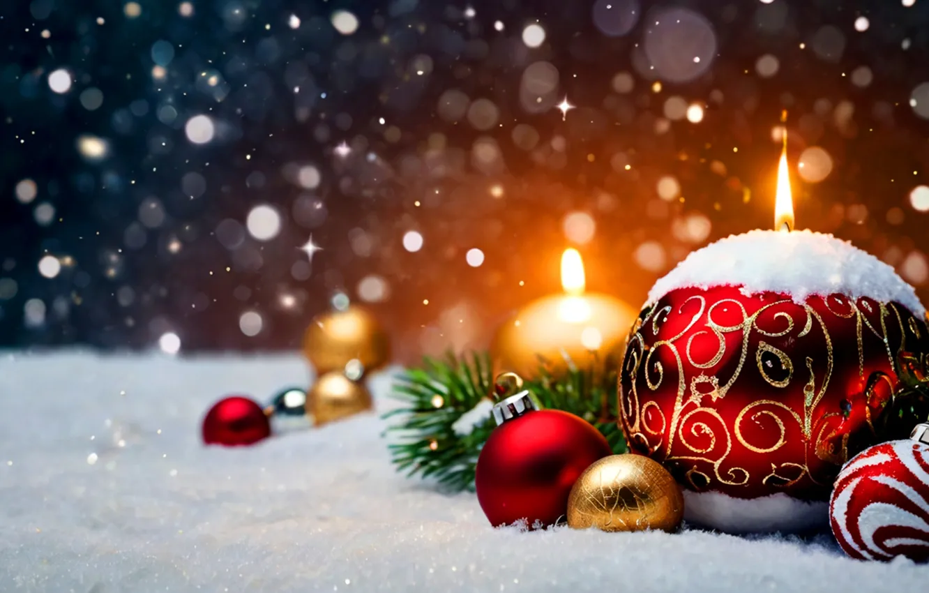 Photo wallpaper balls, branches, new year, candles