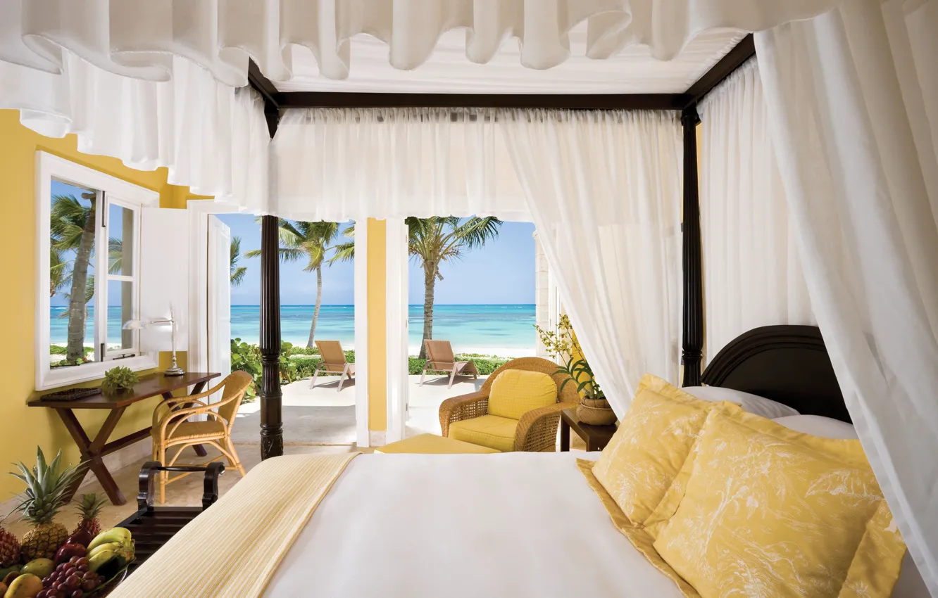 Photo wallpaper sand, sea, furniture, bed, chamber, idyll