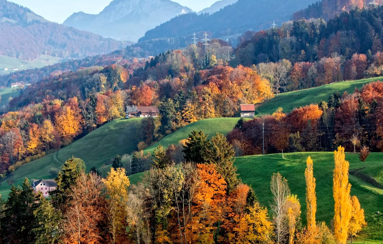 Photo wallpaper autumn, trees, mountains, home, Switzerland, slope, Alps