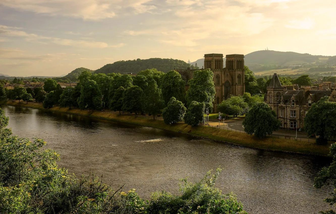 Photo wallpaper trees, landscape, nature, the city, river, castle, hills, Scotland