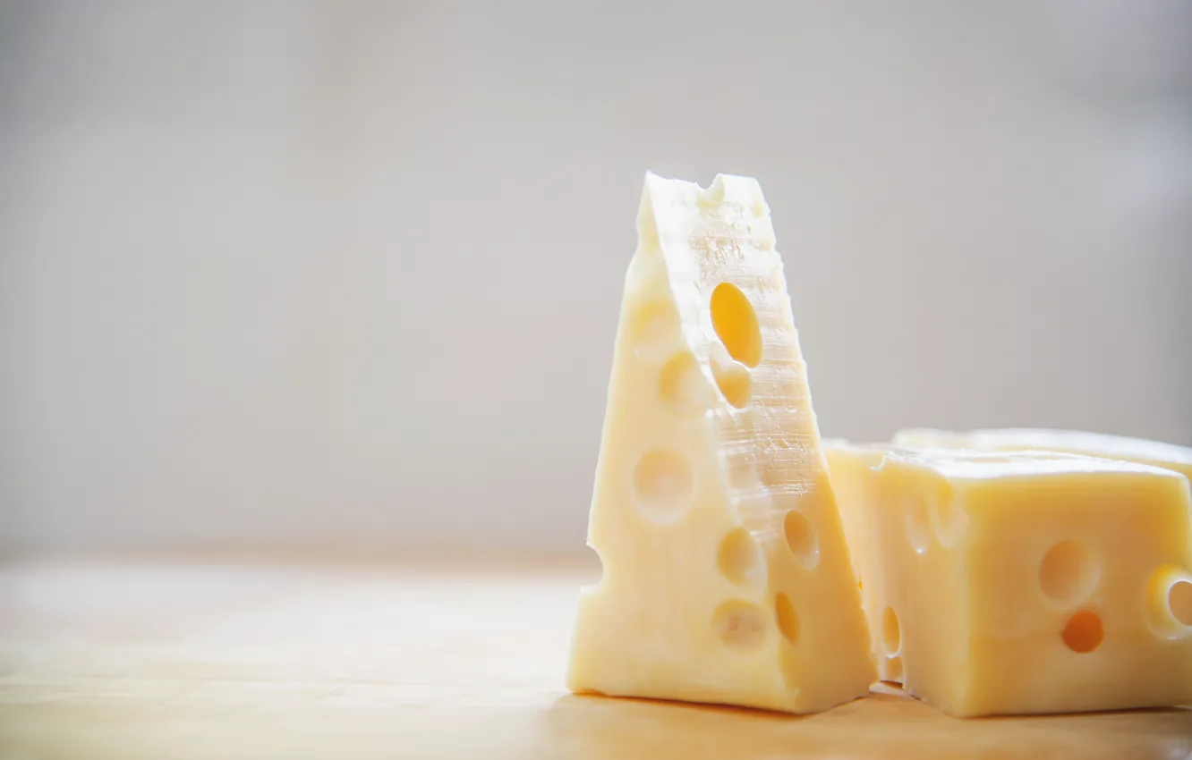 Photo wallpaper table, food, cheese, light background, holes, slices, piece, bokeh